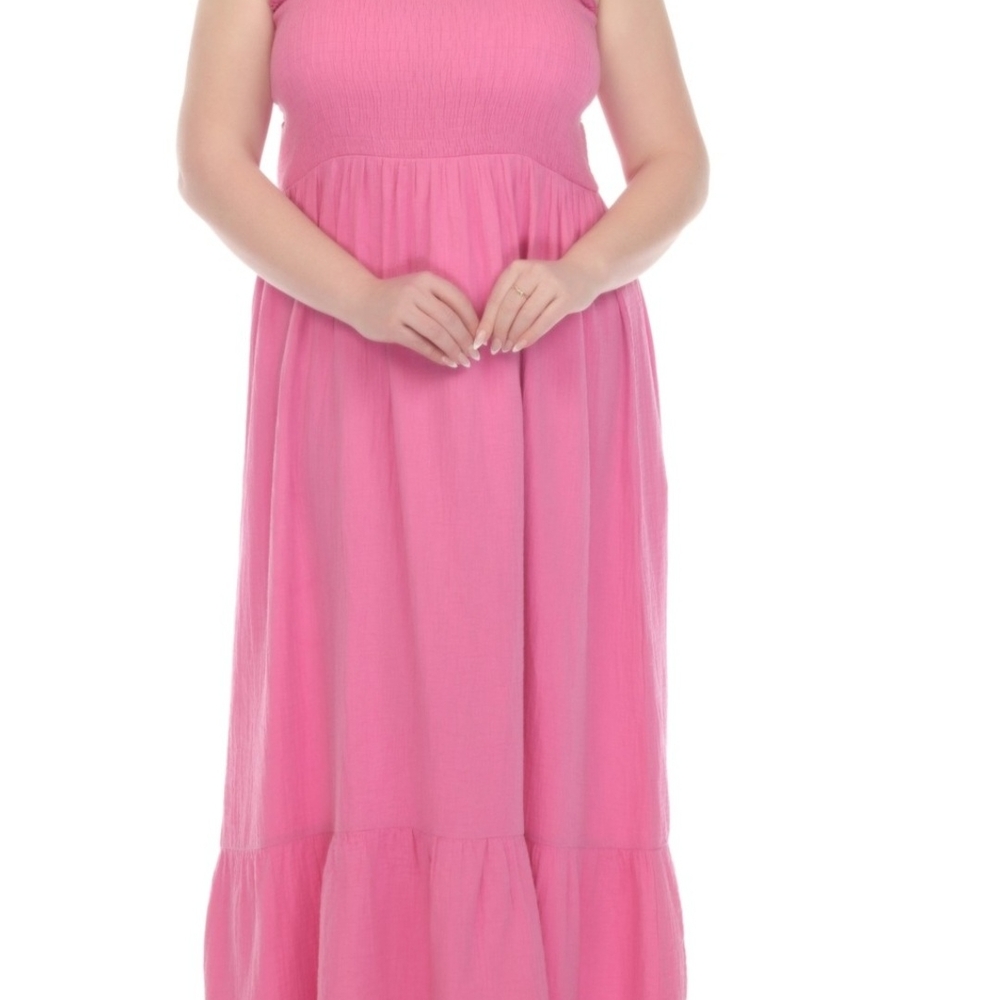 Raviya Plus Size Smocked Cotton Sleeveless Cover up Maxi Elegant Pink Dress - Picture 4 of 5